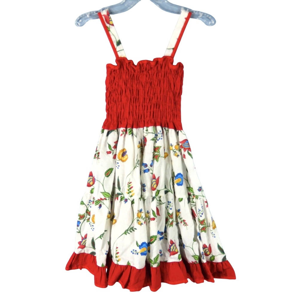 FRENCH LABEL Les Filles De Provence SMOCKED FLARE DRESS Red/White/Floral GIRLS 6